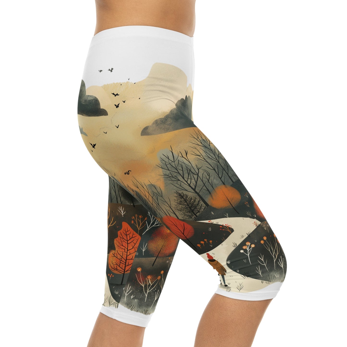 Women’s Capri Leggings with Cottage Core Dog Walking Design - Hobbster