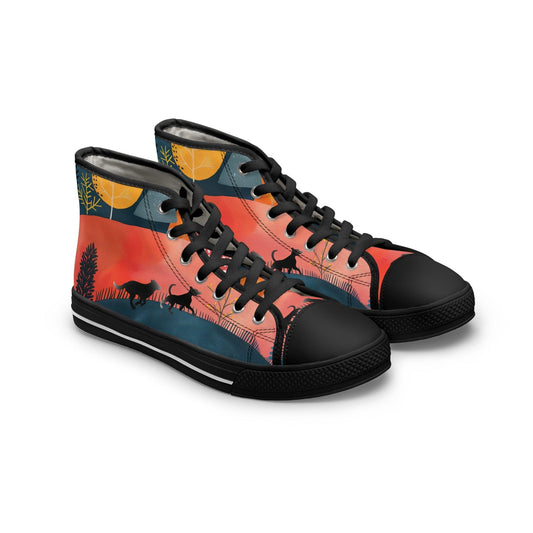 Women's High-Top Trainers featuring Cottage Core Style Dogs Running Free Design - Hobbster