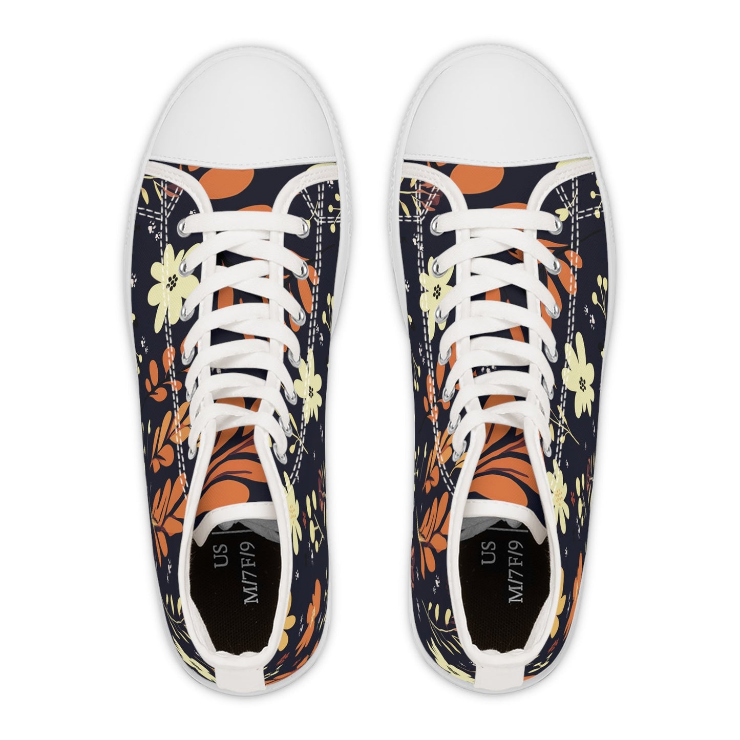 Women's High-Top Trainers featuring Dark Blue Boho Flower & Paw Print Design - Hobbster