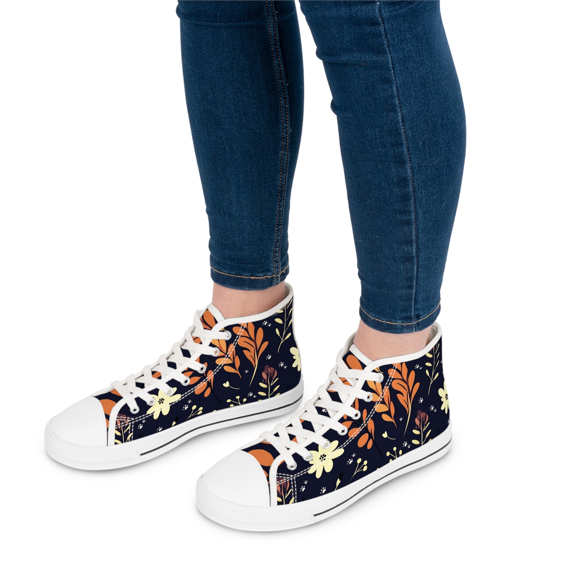 Women's High-Top Trainers featuring Dark Blue Boho Flower & Paw Print Design - Hobbster