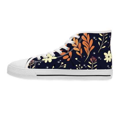 Women's High-Top Trainers featuring Dark Blue Boho Flower & Paw Print Design - Hobbster