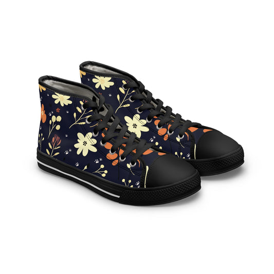 Women's High-Top Trainers featuring Dark Blue Boho Flower & Paw Print Design - Hobbster