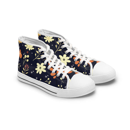 Women's High-Top Trainers featuring Dark Blue Boho Flower & Paw Print Design - Hobbster