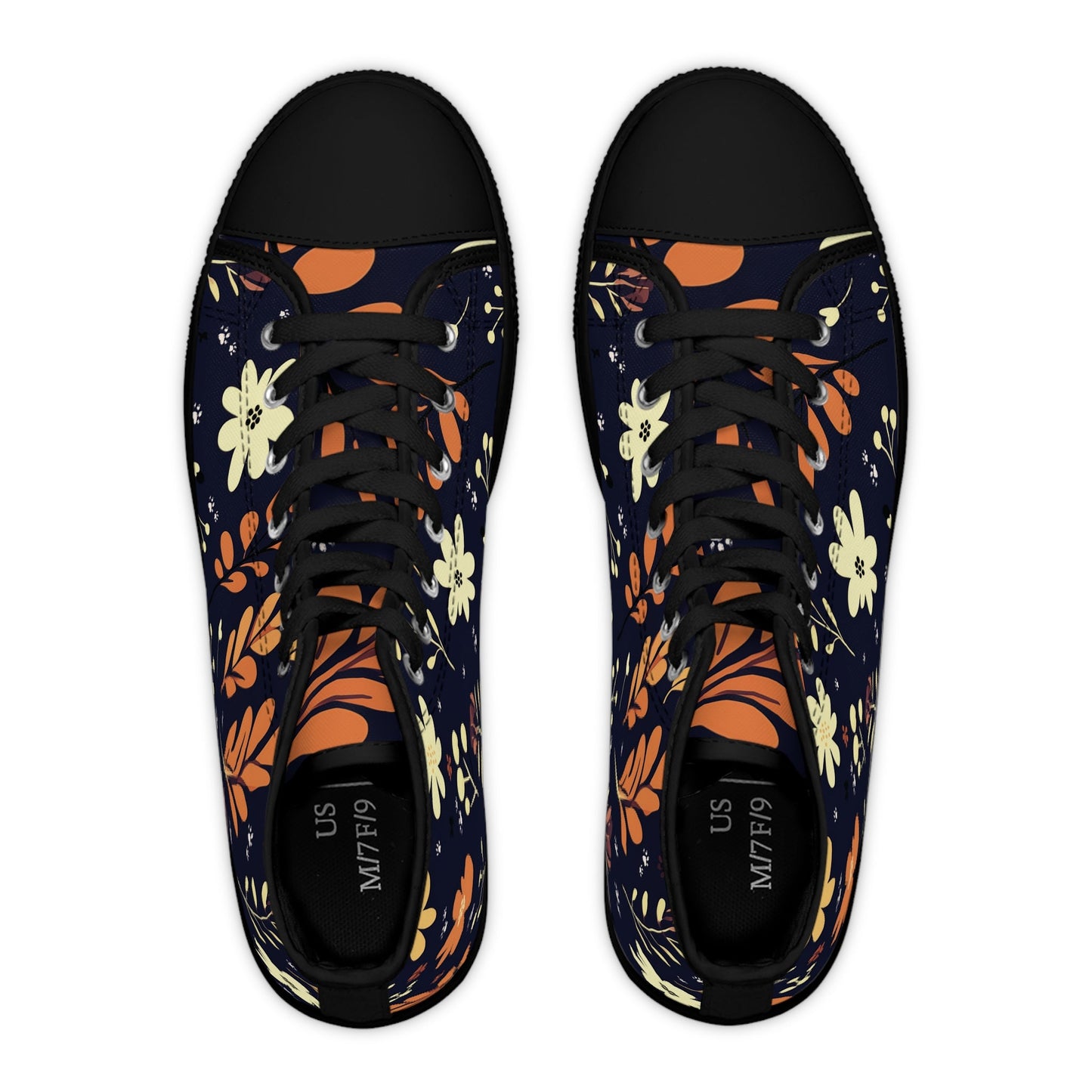 Women's High-Top Trainers featuring Dark Blue Boho Flower & Paw Print Design - Hobbster