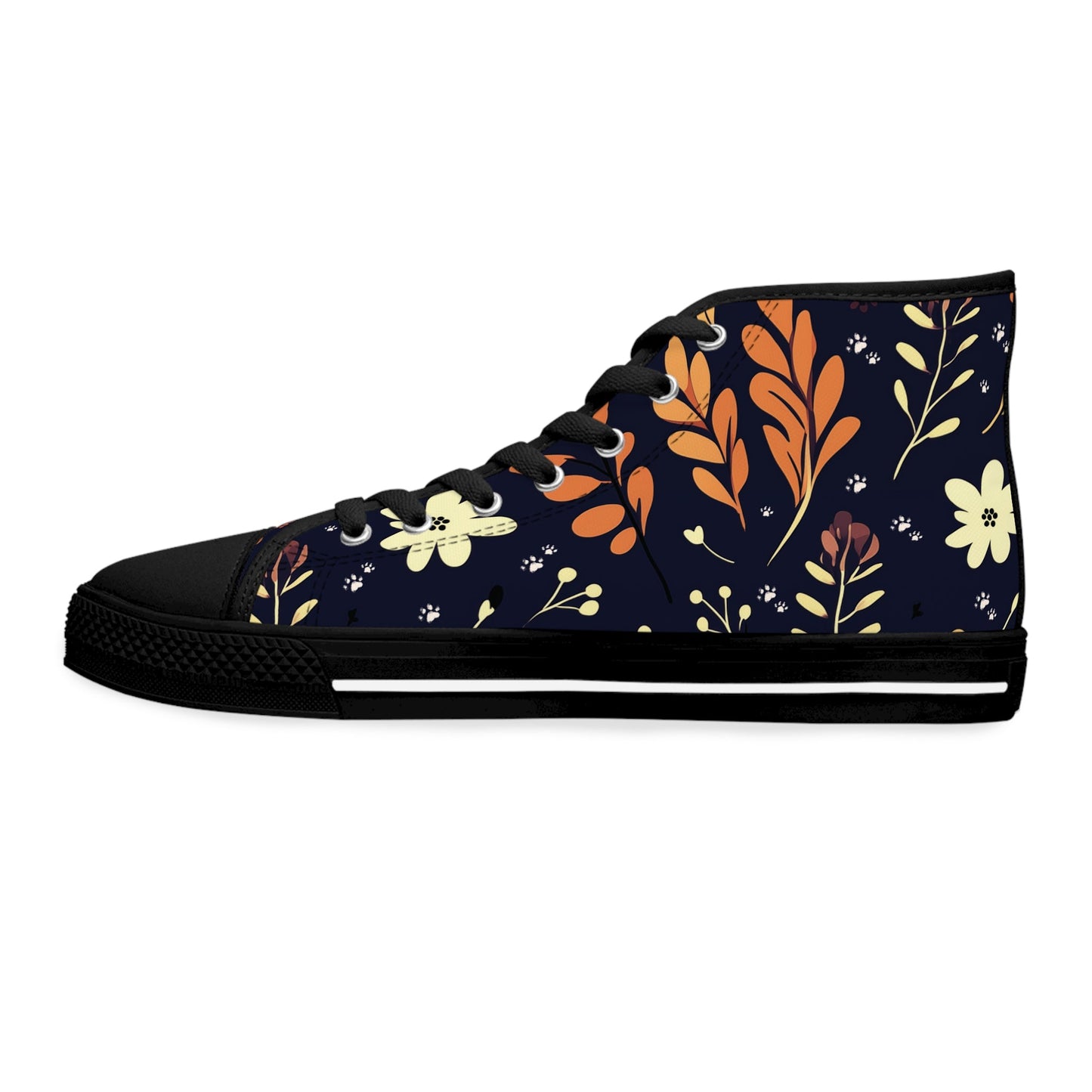 Women's High-Top Trainers featuring Dark Blue Boho Flower & Paw Print Design - Hobbster