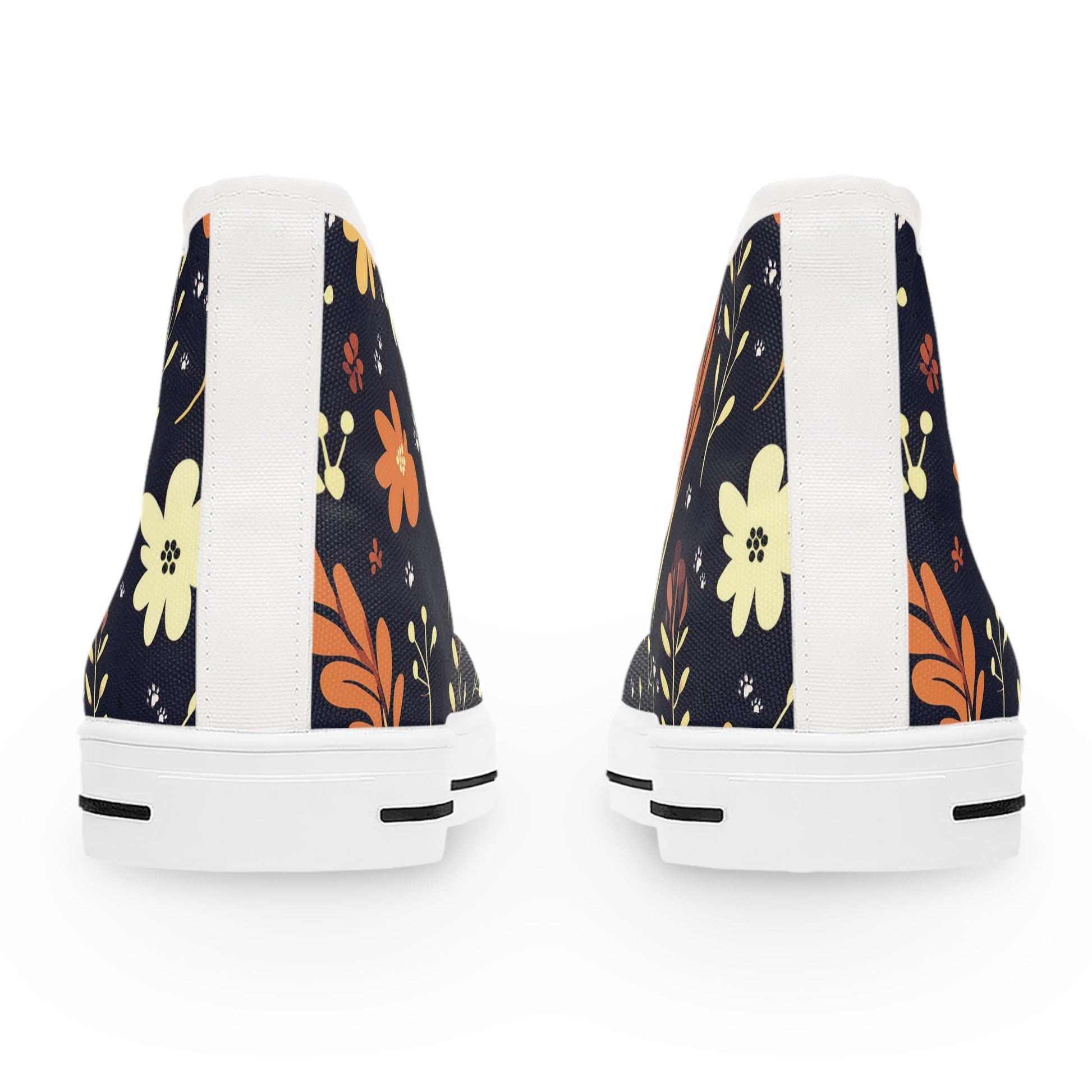 Women's High-Top Trainers featuring Dark Blue Boho Flower & Paw Print Design - Hobbster