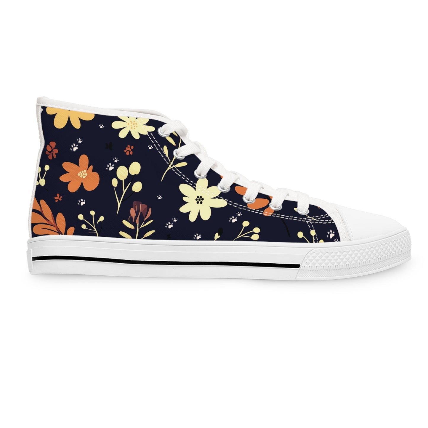 Women's High-Top Trainers featuring Dark Blue Boho Flower & Paw Print Design - Hobbster