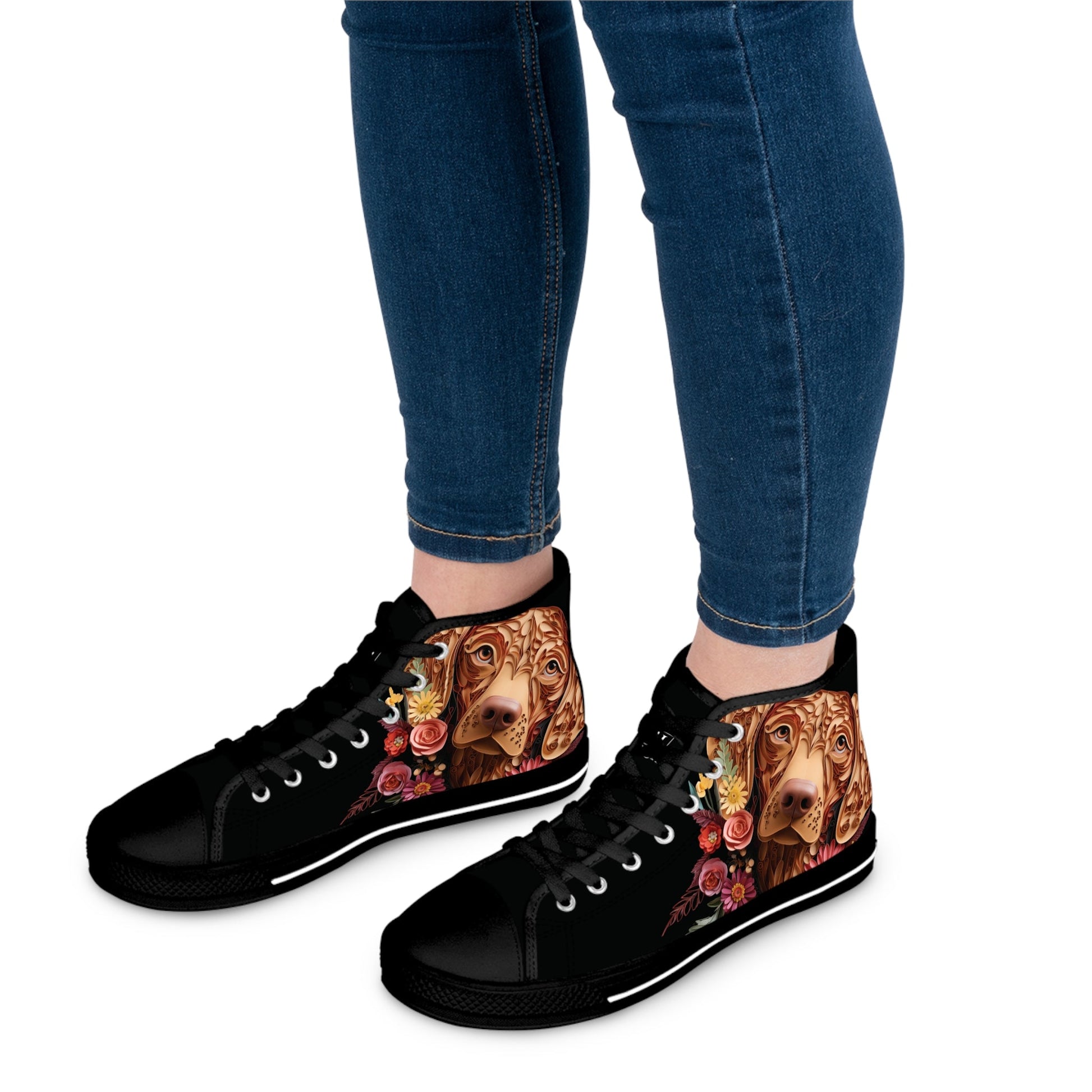 Women's High-Top Trainers featuring Vizsla Paper Quilling Effect Design - Hobbster