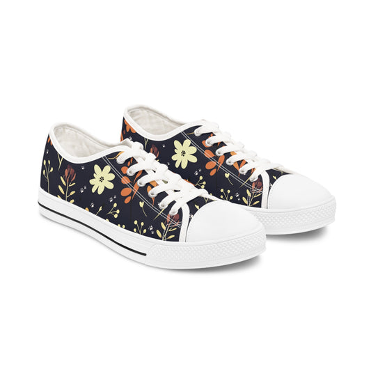 Women's Low-Top Trainers featuring Dark Blue Boho Flower & Paw Print Design - Hobbster