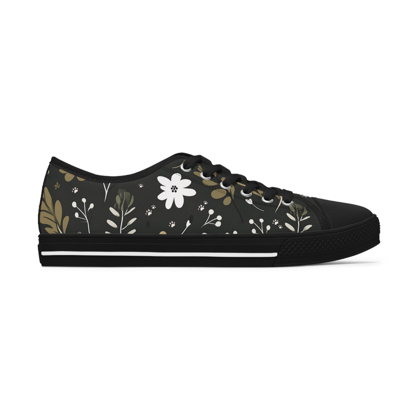 Women's Low-Top Trainers featuring Green Boho Flower & Paw Print Design - Hobbster