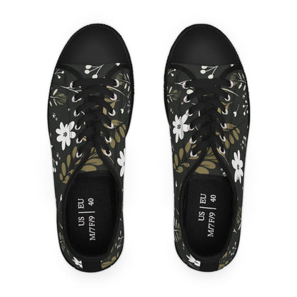 Women's Low-Top Trainers featuring Green Boho Flower & Paw Print Design - Hobbster