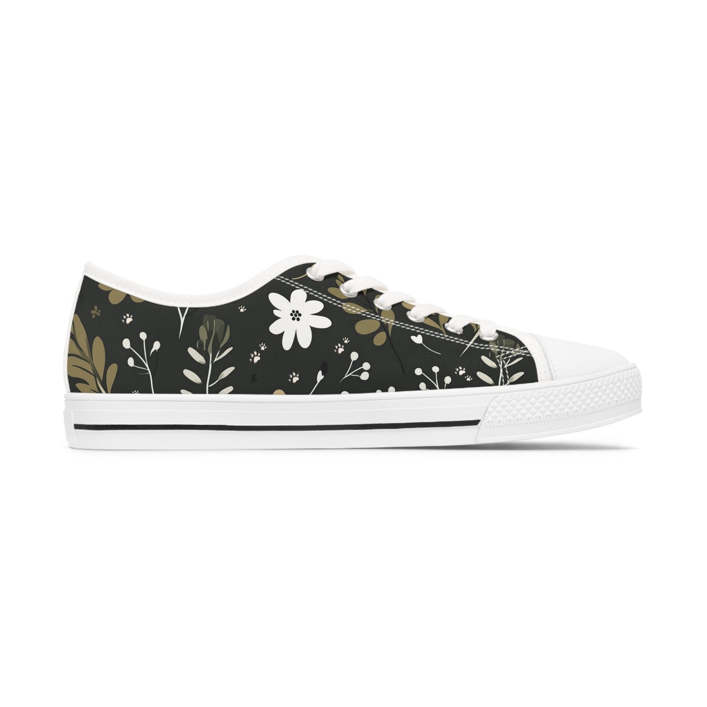 Women's Low-Top Trainers featuring Green Boho Flower & Paw Print Design - Hobbster