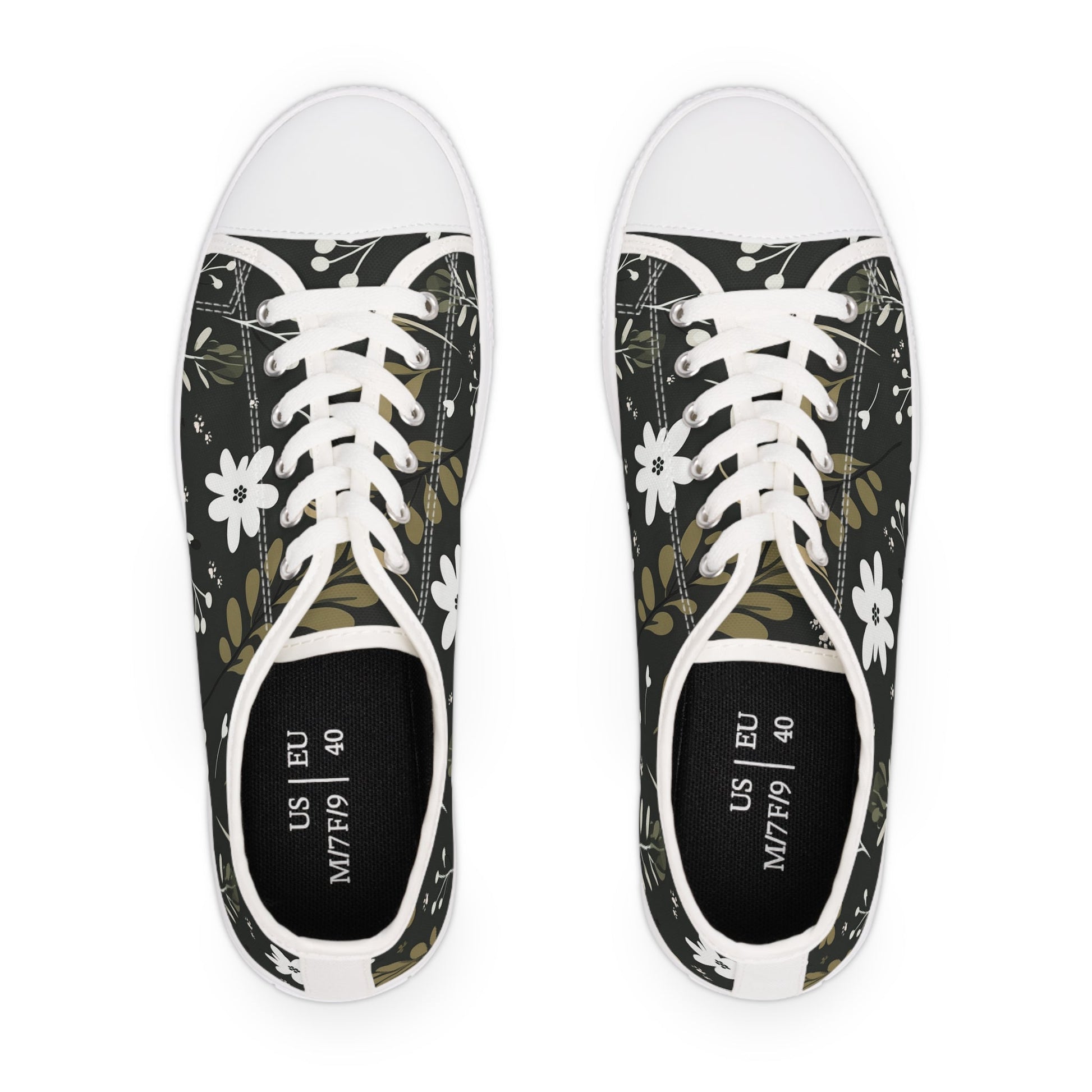 Women's Low-Top Trainers featuring Green Boho Flower & Paw Print Design - Hobbster