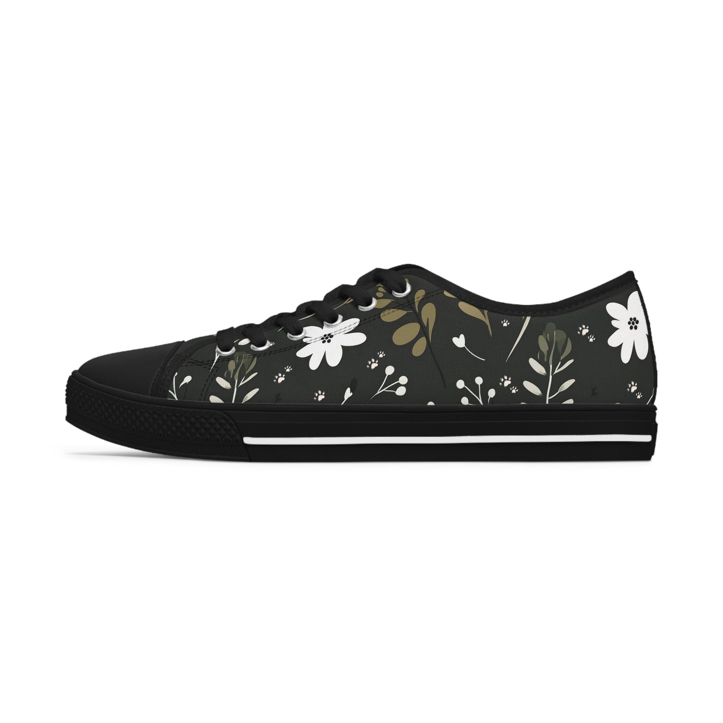 Women's Low-Top Trainers featuring Green Boho Flower & Paw Print Design - Hobbster