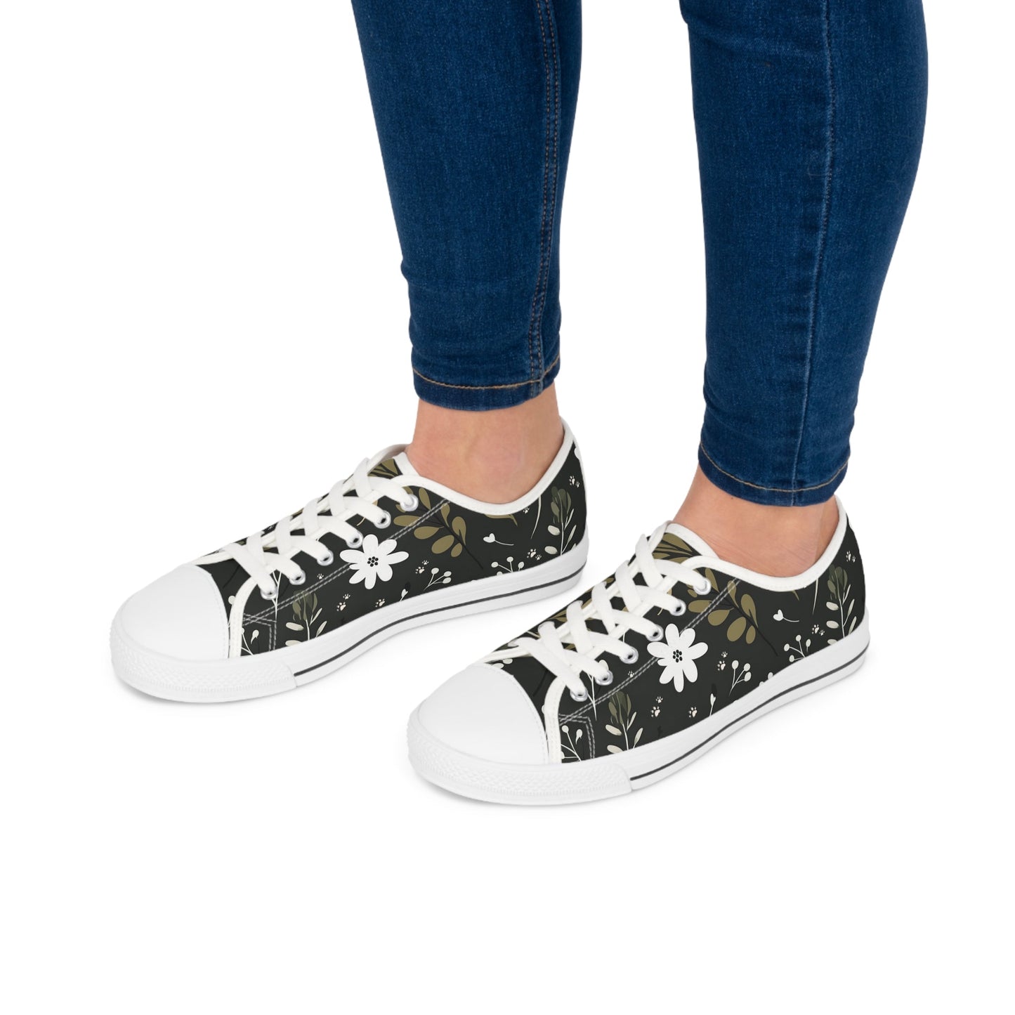 Women's Low-Top Trainers featuring Green Boho Flower & Paw Print Design - Hobbster